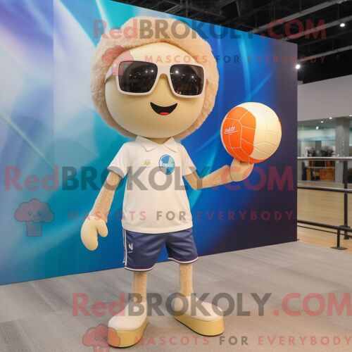 Personnage Mascotte Redbrokoly De Ballon De Volley-Ball Beige Habillé Avec Un Jean Flare Et Des Lunettes De Soleil