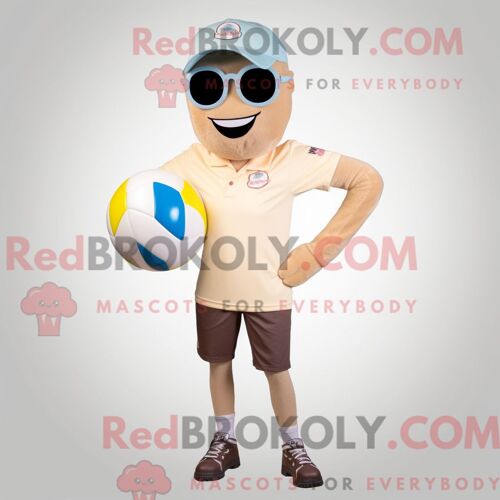 Personnage Mascotte Redbrokoly De Ballon De Volley-Ball Beige Habillé Avec Un Jean Flare Et Des Lunettes De Soleil