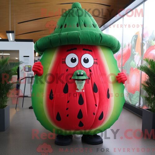 Costume Mascotte Redbrokoly De Pastèque Personnage Habillé Avec Une Robe Et Des Ceintures