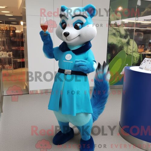 Costume Mascotte Redbrokoly De Furet Bleu Habillé D Une Robe De Cocktail Et De Montres Connectées