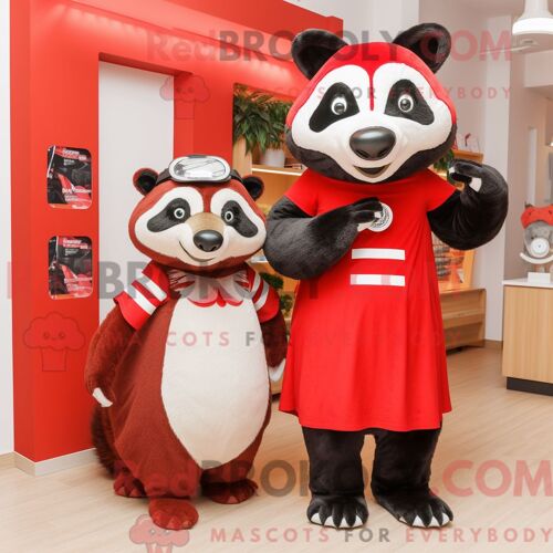 Costume De Mascotte Redbrokoly De Blaireau Rouge Habillé D Une Robe Midi Et De Porte-Clés
