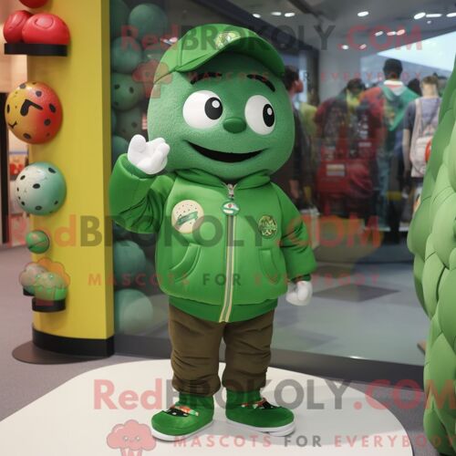 Costume De Mascotte Redbrokoly De Bonbon Vert Forêt Habillé D Un Blouson Aviateur Et D Un Porte-Monnaie