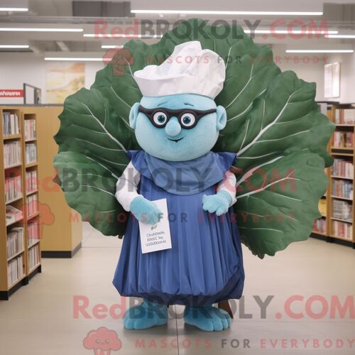 Costume Mascotte Redbrokoly De Feuille De Chou Bleue Habillé D Une Jupe-Culotte Et De Lunettes De Lecture