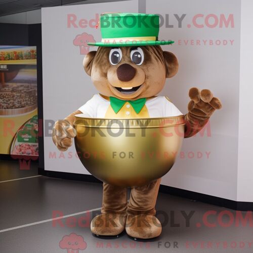 Personnage De Costume De Mascotte Redbrokoly De Pot D Or Marron Habillé Avec Un Polo Et Des Casquettes