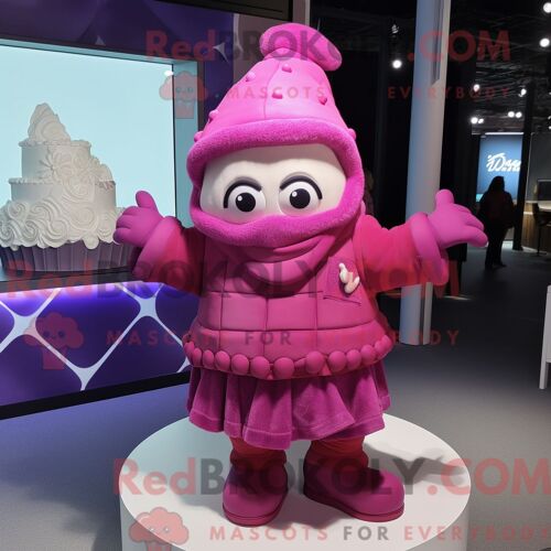 Personnage De Costume De Mascotte Redbrokoly De Gâteau De Mariage Magenta Habillé Avec Un Sweat À Capuche Et Des Casquettes