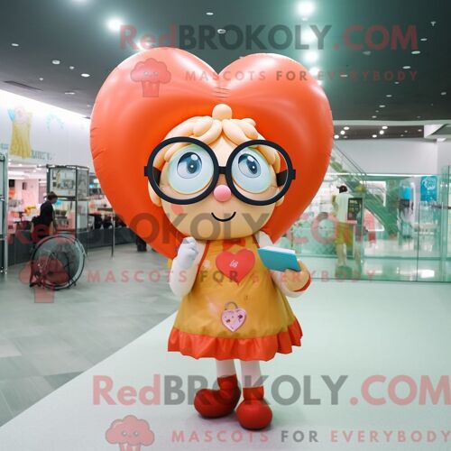 Costume De Mascotte Redbrokoly De Ballons En Forme De Coeur De Pêche Personnage Habillé D Une Jupe Portefeuille Et De Lunettes De Lecture