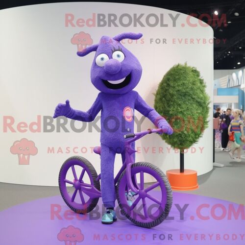 Mascotte Redbrokoly De Monocycliste Violet Personnage Habillé Avec Un Body Et Des Épingles À Cheveux