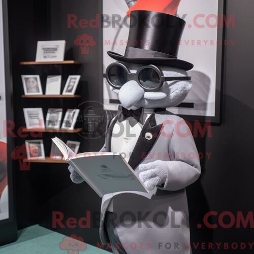 Costume Mascotte Redbrokoly De Pho Gris Personnage Habillé D Un Smoking Et De Lunettes De Lecture