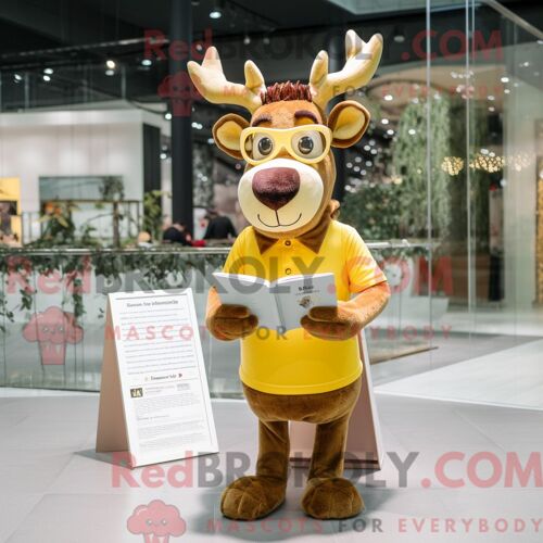 Costume Mascotte Redbrokoly De Renne Doré Personnage Habillé D Un T-Shirt Et De Lunettes De Lecture
