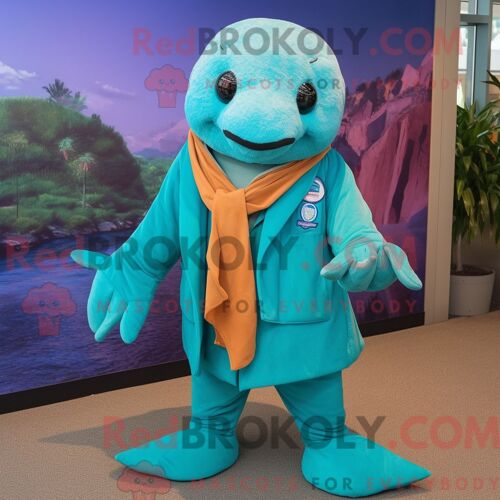 Costume De Mascotte Redbrokoly De Vache De Mer De Stellar Turquoise Habillé Avec Une Chemise Habillée Et Des Foulards