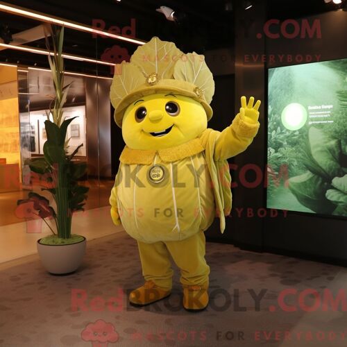Personnage De Costume De Mascotte Redbrokoly De Feuille De Chou Doré Habillé D Une Salopette Et D Un Porte-Monnaie