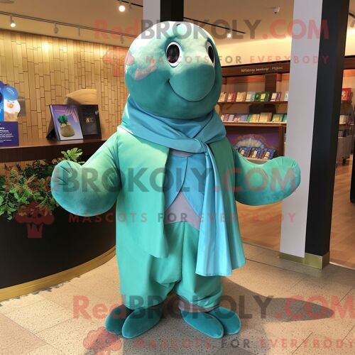 Costume De Mascotte Redbrokoly De Vache De Mer De Stellar Turquoise Habillé Avec Une Chemise Habillée Et Des Foulards