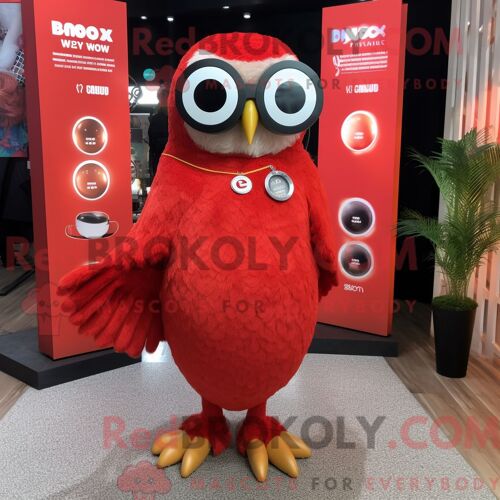 Costume Mascotte Redbrokoly De Hibou Rouge Habillé Avec Une Jupe Longue Et Des Lunettes De Soleil