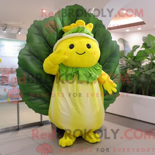 Costume De Mascotte Redbrokoly De Feuille De Chou Jaune Citron Personnage Habillé Avec Une Robe Taille Empire Et Des Mitaines