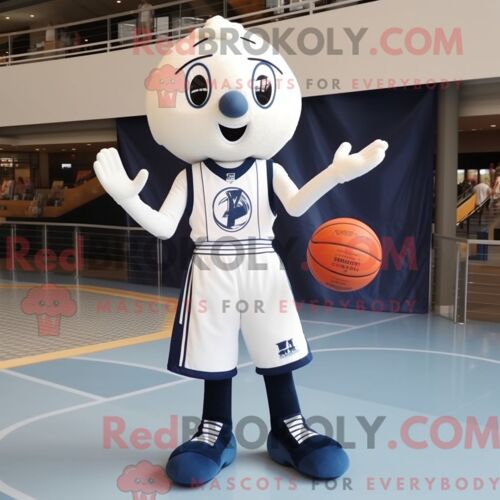 Costume De Mascotte Redbrokoly De Ballon De Basket-Ball Bleu Marine Habillé D Un Chemisier Et De Coussinets De Pieds