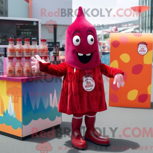 Personnage De Costume De Mascotte Redbrokoly De Bouteille De Ketchup Magenta Habillé Avec Une Combishort Et Des Épingles À Cravate