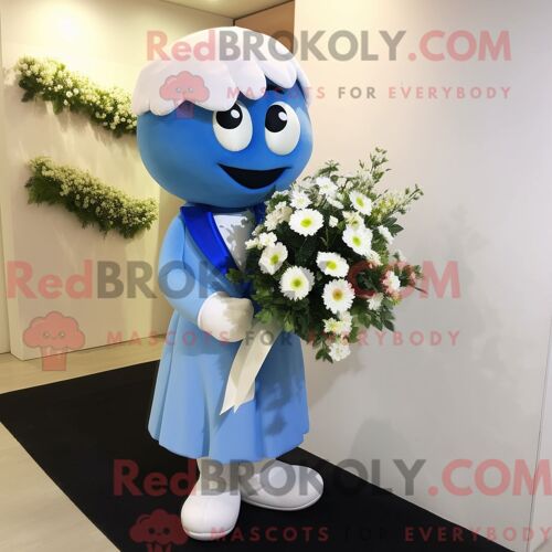 Costume Mascotte Redbrokoly De Bouquet De Fleurs Bleu Personnage Habillé Avec Une Robe De Mariée Et Des Épingles À Cravate