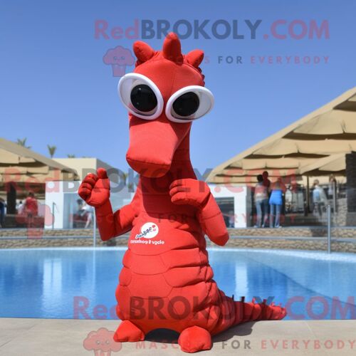 Costume Mascotte Redbrokoly D Hippocampe Rouge Habillé D Un Bikini Et De Lunettes De Soleil