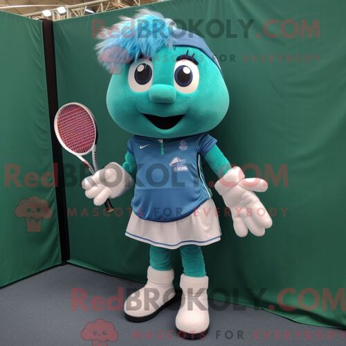 Costume Mascotte Redbrokoly De Raquette De Tennis Bleu Sarcelle Habillé Avec Un Chemisier Et Des Mitaines