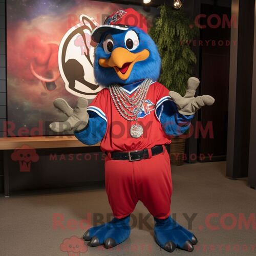 Costume De Mascotte Redbrokoly De Jay Bleu Rouge Habillé D Un Blouson Aviateur Et De Colliers