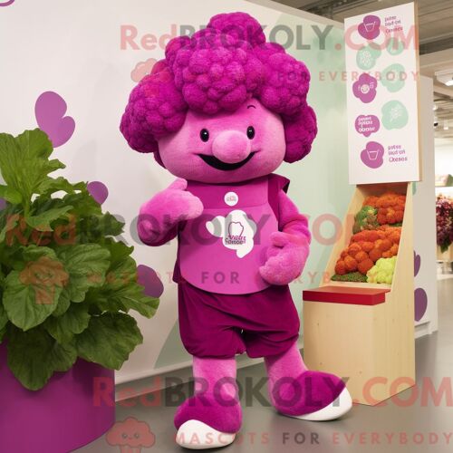 Costume De Mascotte Redbrokoly De Chou-Fleur Magenta Personnage Habillé D Une Salopette Et De Pinces À Chaussures