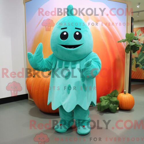 Costume De Mascotte Redbrokoly De Melon Turquoise Personnage Habillé Avec Une Robe Taille Empire Et Des Mitaines