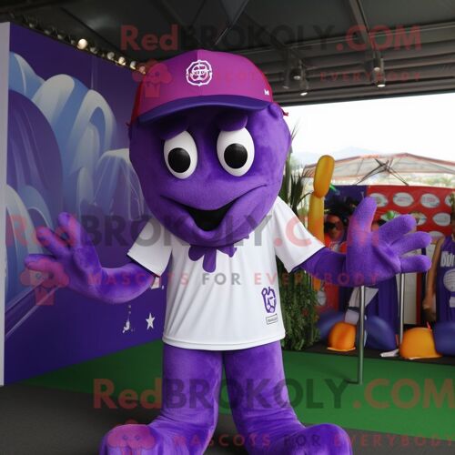 Costume De Mascotte Redbrokoly De Poulpe Violet Habillé D Un Polo Et De Bandeaux