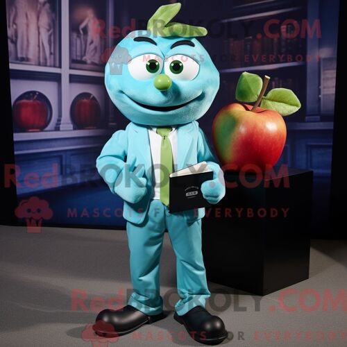 Personnage Mascotte Redbrokoly De Pomme Cyan Habillé D Un Pantalon Chino Et De Pochettes De Costume