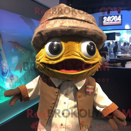 Costume Mascotte Redbrokoly De Tacos De Poisson Marron Personnage Habillé Avec Un Sweat-Shirt Et Des Bérets