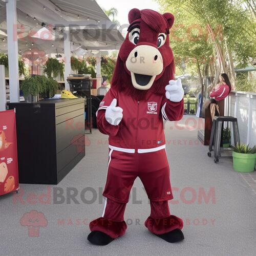 Personnage De Costume De Mascotte Redbrokoly De Cheval Marron Habillé Avec Des Joggeurs Et Des Porte-Monnaie