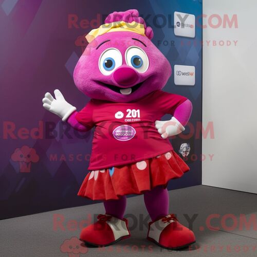 Personnage Mascotte Redbrokoly Magenta Cod Habillé Avec Une Jupe Trapèze Et Des Montres Intelligentes