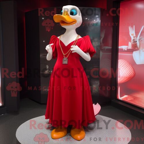 Costume De Mascotte Redbrokoly D Oies Rouges Habillé Avec Une Robe De Soirée Et Des Colliers