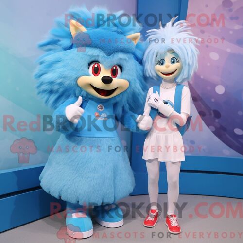 Costume Mascotte Redbrokoly De Hérisson Bleu Ciel Habillé D Une Jupe Et De Montres Connectées