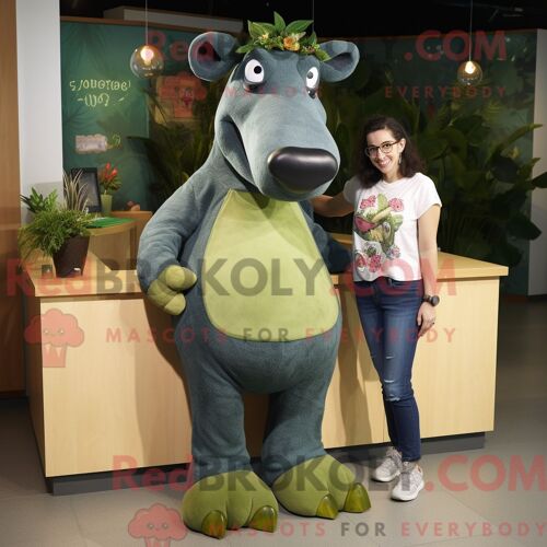 Costume Mascotte Redbrokoly De Tapir Olive Personnage Habillé D Un Jean Maman Et De Broches