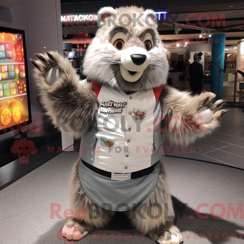 Costume De Mascotte Redbrokoly De Marmotte Argentée Habillé D Un T-Shirt Graphique Et De Broches