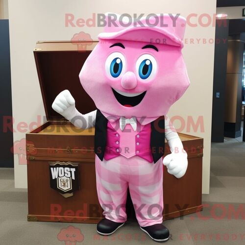 Costume Mascotte Redbrokoly De Coffre Au Trésor Rose Habillé D Un Débardeur Et De Pochettes De Costume