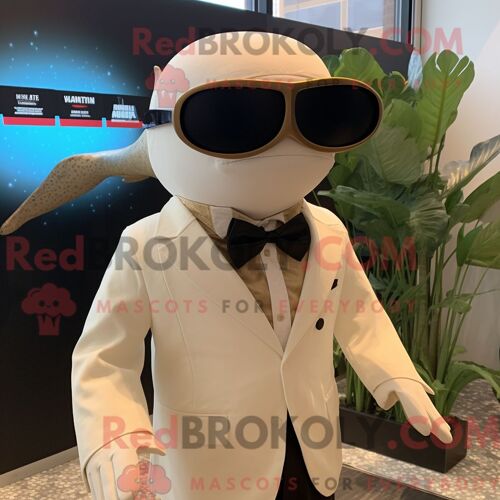 Personnage De Costume De Mascotte Redbrokoly De Baleine À Bosse Beige Habillé D Un Smoking Et De Lunettes De Soleil