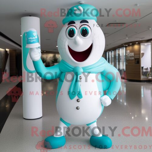 Costume Mascotte Redbrokoly De Bouteille De Lait Turquoise Personnage Habillé Avec Un Pantalon Et Des Bagues