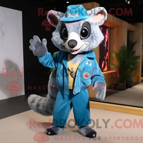 Costume Mascotte Redbrokoly De Civette Bleu Ciel Habillé D Un Pantalon Et De Gants En Velours Côtelé