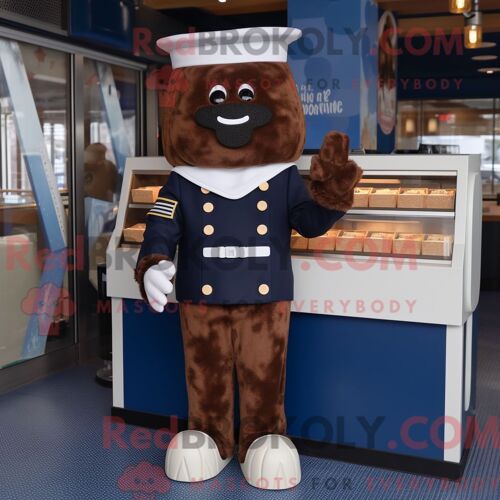 Costume De Mascotte Redbrokoly De Barres De Chocolat Bleu Marine Habillé D Un Pull Et De Coussinets De Pieds