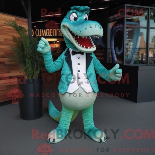 Costume De Mascotte Redbrokoly De Crocodile Bleu Sarcelle Habillé D Une Veste De Costume Et D Épingles À Cheveux