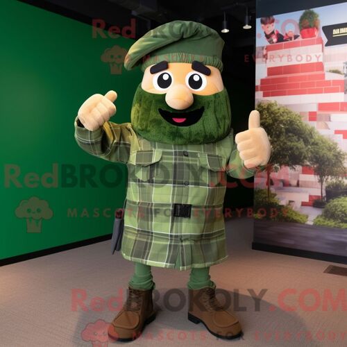 Costume De Mascotte Redbrokoly De Soldat De L Armée Verte Personnage Habillé D Une Chemise En Flanelle Et De Bérets