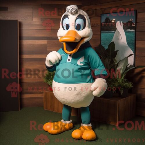 Costume De Mascotte Redbrokoly D Oie Bleu Sarcelle Habillé D Une Chemise De Rugby Et De Lacets De Chaussures