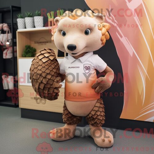 Costume De Mascotte Redbrokoly De Pangolin Pêche Personnage Habillé Avec Une Chemise De Rugby Et Des Porte-Documents