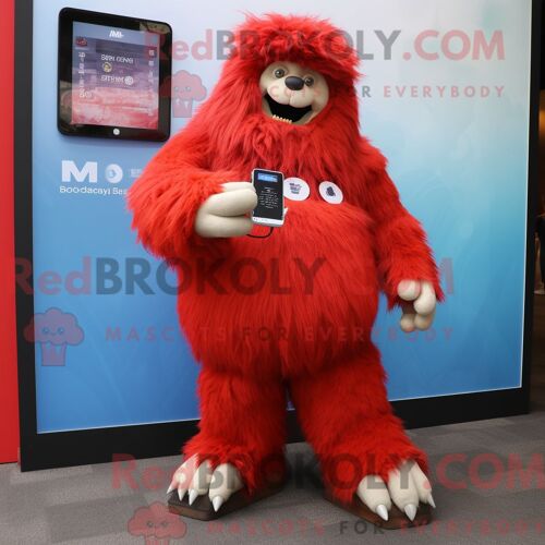 Costume De Mascotte Redbrokoly De Yéti Rouge Habillé D Un Jean Maman Et De Montres Numériques