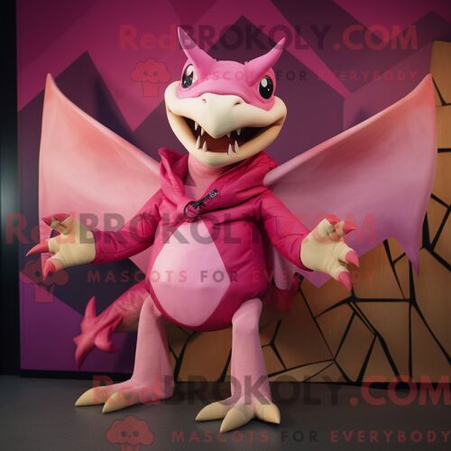 Costume De Mascotte Redbrokoly De Ptérodactyle Rose Habillé D Un Blouson Aviateur Et D Écharpes