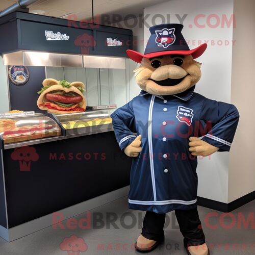 Costume De Mascotte Redbrokoly De Sandwich Au Porc Effiloché Bleu Marine Habillé Avec Un Coupe-Vent Et Des Chapeaux