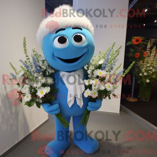 Costume Mascotte Redbrokoly De Bouquet De Fleurs Bleu Personnage Habillé Avec Une Robe De Mariée Et Des Épingles À Cravate