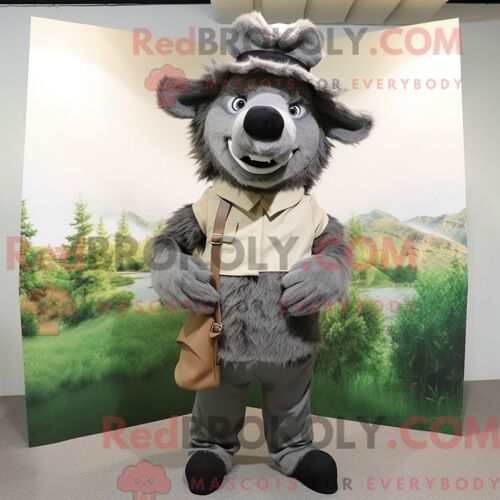 Costume De Mascotte Redbrokoly De Sanglier Gris Personnage Habillé D Une Robe Fourreau Et D Épingles À Chapeau