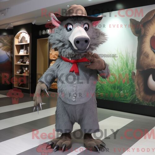 Costume De Mascotte Redbrokoly De Sanglier Gris Personnage Habillé D Une Robe Fourreau Et D Épingles À Chapeau